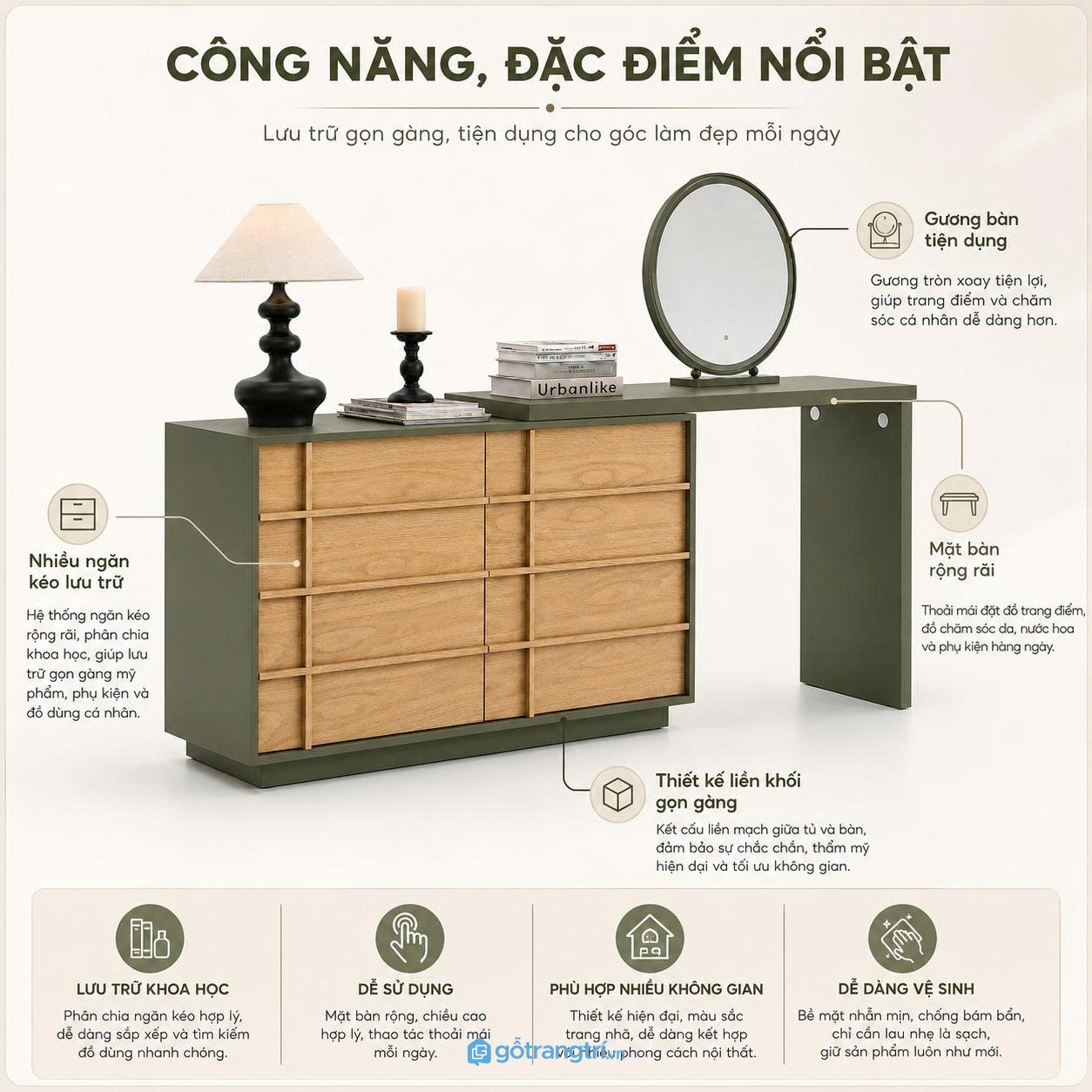 Tối ưu lưu trữ với ngăn kéo và tủ kính tiện lợi