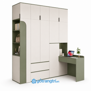 Tủ áo liền bàn học màu xanh rêu hiện đại GHS-5011