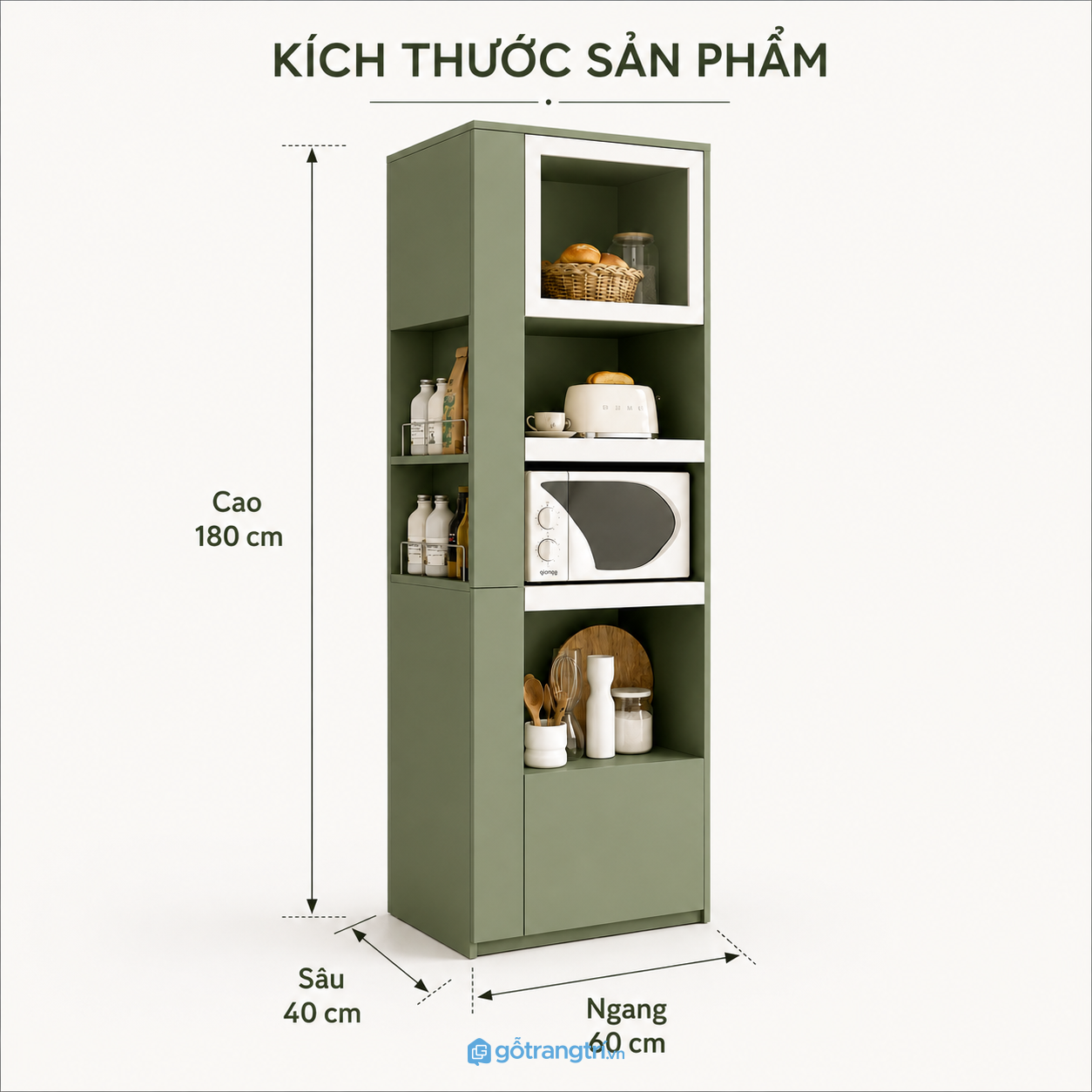 Tủ bếp đứng màu xanh rêu 60cm nhiều ngăn tiện dụng