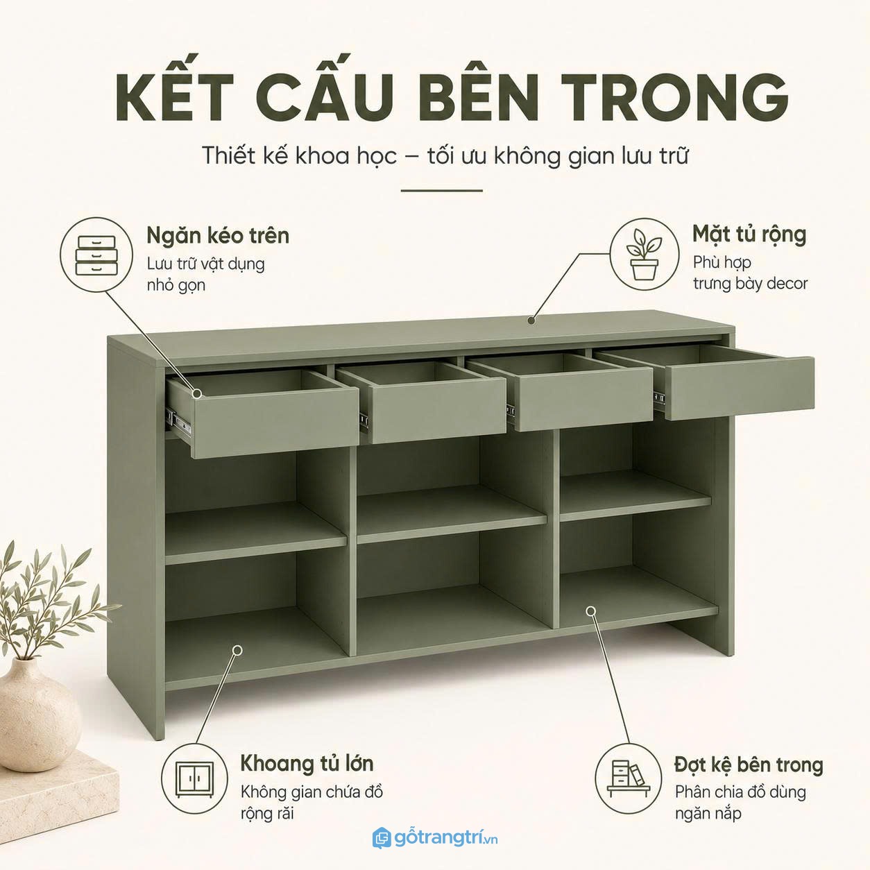 Tủ buffet cánh sóng màu xanh olive hiện đại GHS-5052 - hình ảnh thực tế 1