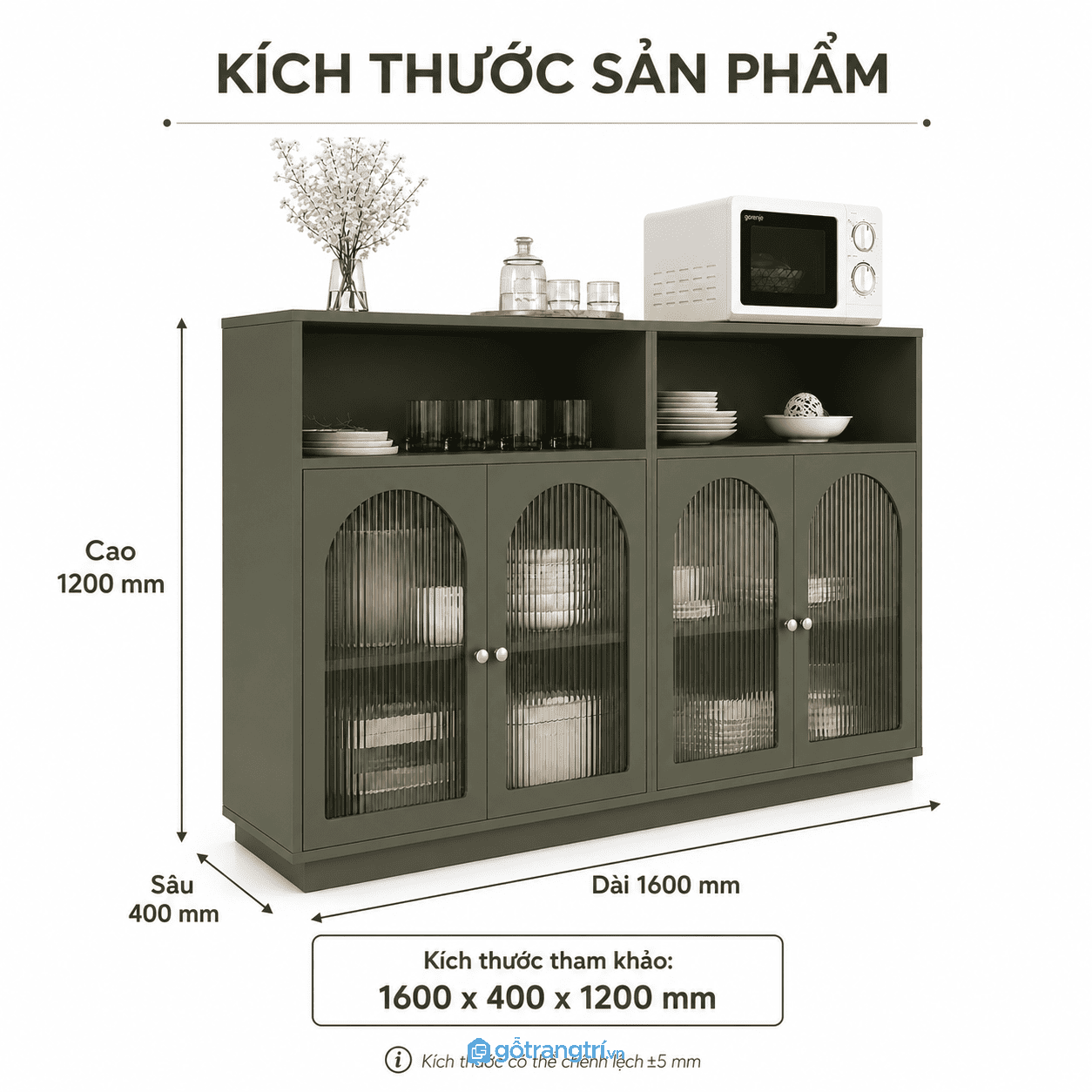 Tủ buffet cửa kính sọc vòm 160cm cho phòng ăn và phòng khách hiện đại