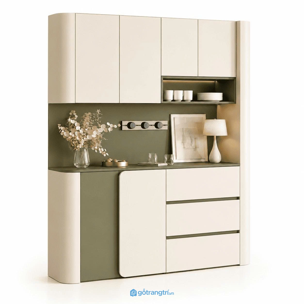 Tủ buffet hiện đại kết hợp tủ treo đa năng GHS-5062 - 1400x450x2200mm - Xanh olive - GHS-5062