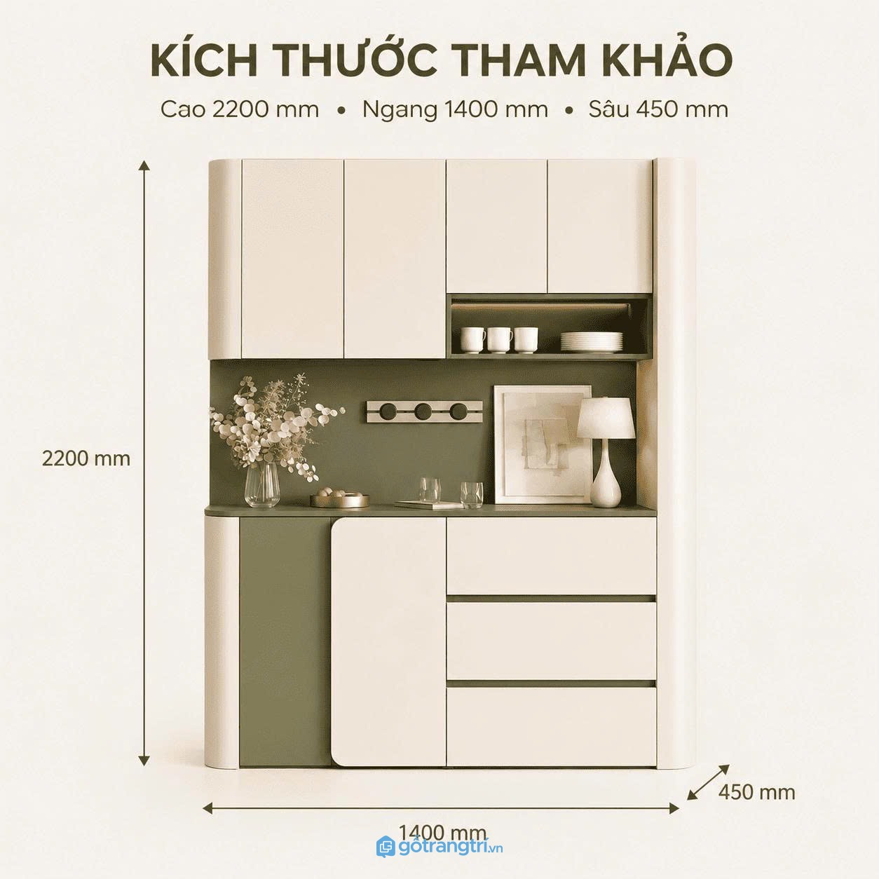 Tủ buffet hiện đại kết hợp tủ treo giúp tối ưu lưu trữ cho phòng ăn và bếp