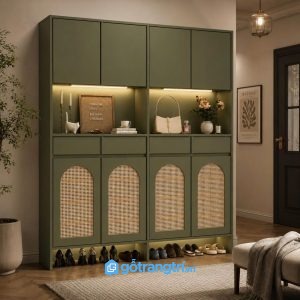 Tủ giày cánh mây màu xanh olive hiện đại kết hợp lưu trữ và trang trí