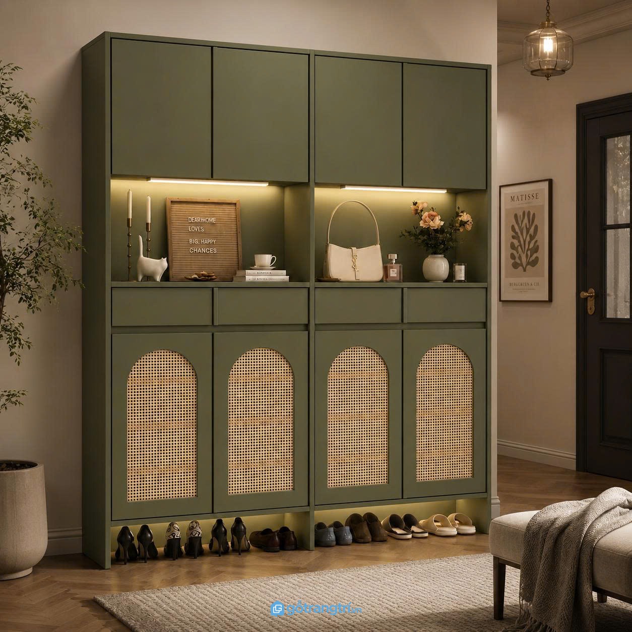 Tủ giày cánh mây màu xanh olive hiện đại