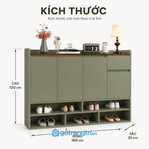 Tủ giày màu xanh olive cánh phẳng hiện đại cho lối vào gọn gàng, sang mắt