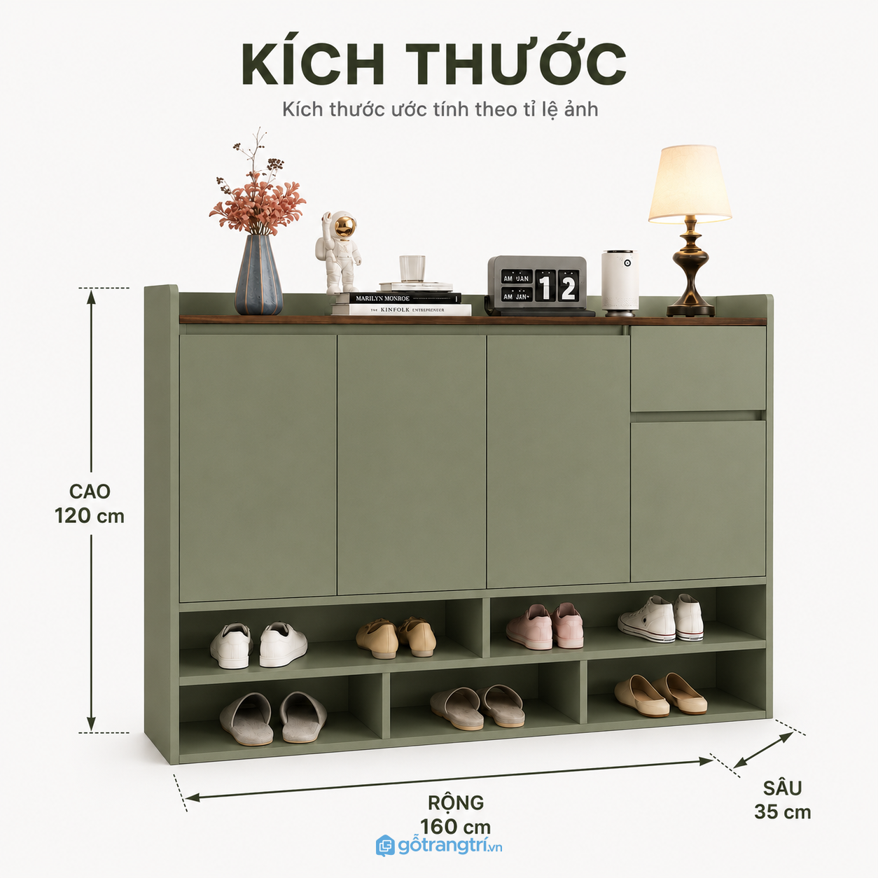 Tủ giày màu xanh olive cánh phẳng hiện đại cho lối vào gọn gàng, sang mắt