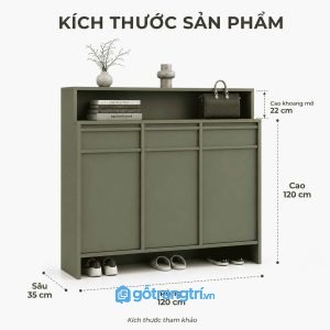 Tủ giày màu xanh olive có kệ trang trí giúp tối ưu không gian lưu trữ và tăng tính thẩm mỹ cho lối vào