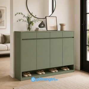 Tủ giày màu xanh olive hiện đại nhiều ngăn lưu trữ cho không gian sống gọn gàng