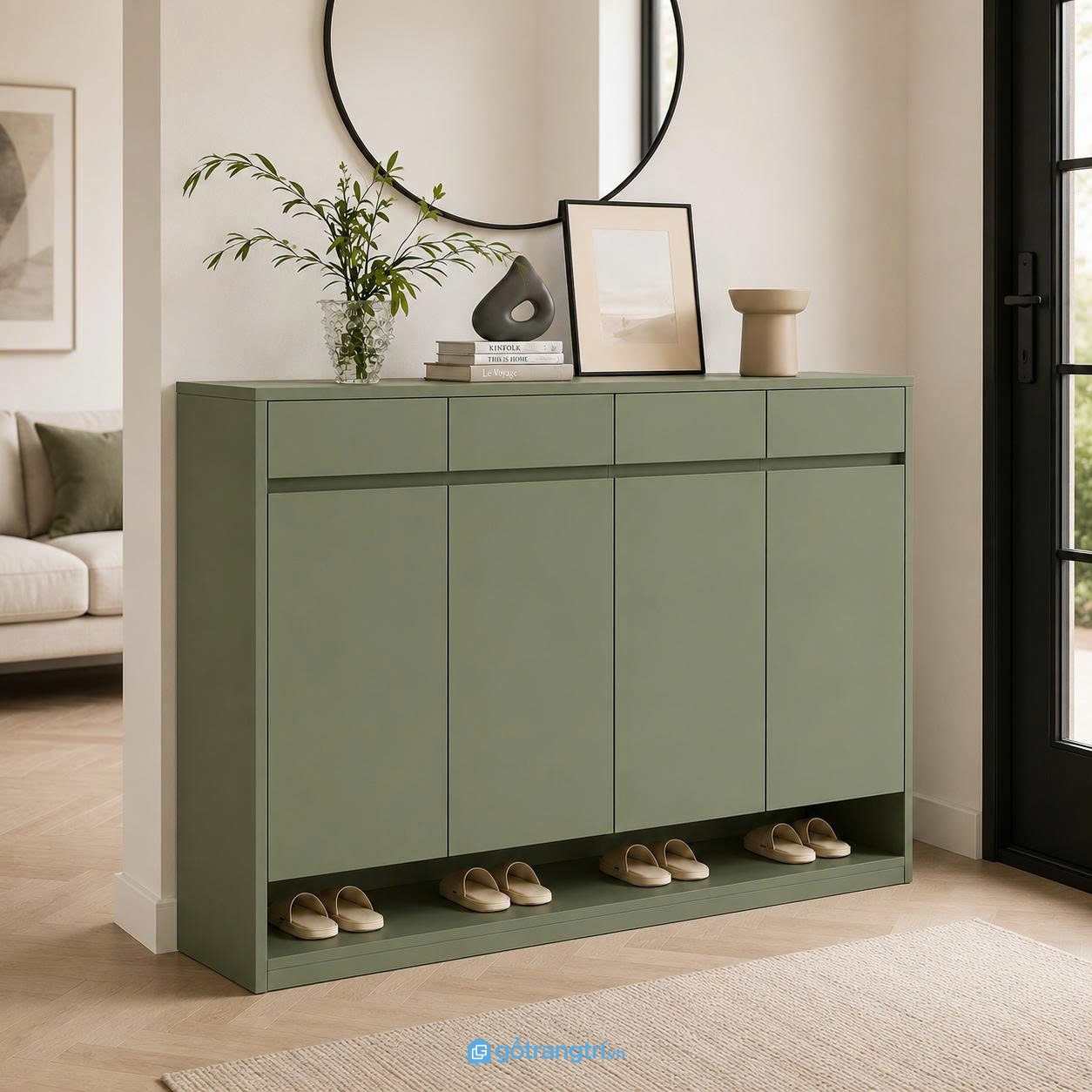 Tủ giày màu xanh olive hiện đại nhiều ngăn lưu trữ cho không gian sống gọn gàng Tủ giày màu xanh olive hiện đại nhiều ngăn lưu trữ cho không gian sống gọn gàng
