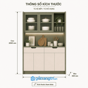 Tủ kệ bếp đa năng có tủ kính giúp lưu trữ gọn gàng và tăng tính thẩm mỹ