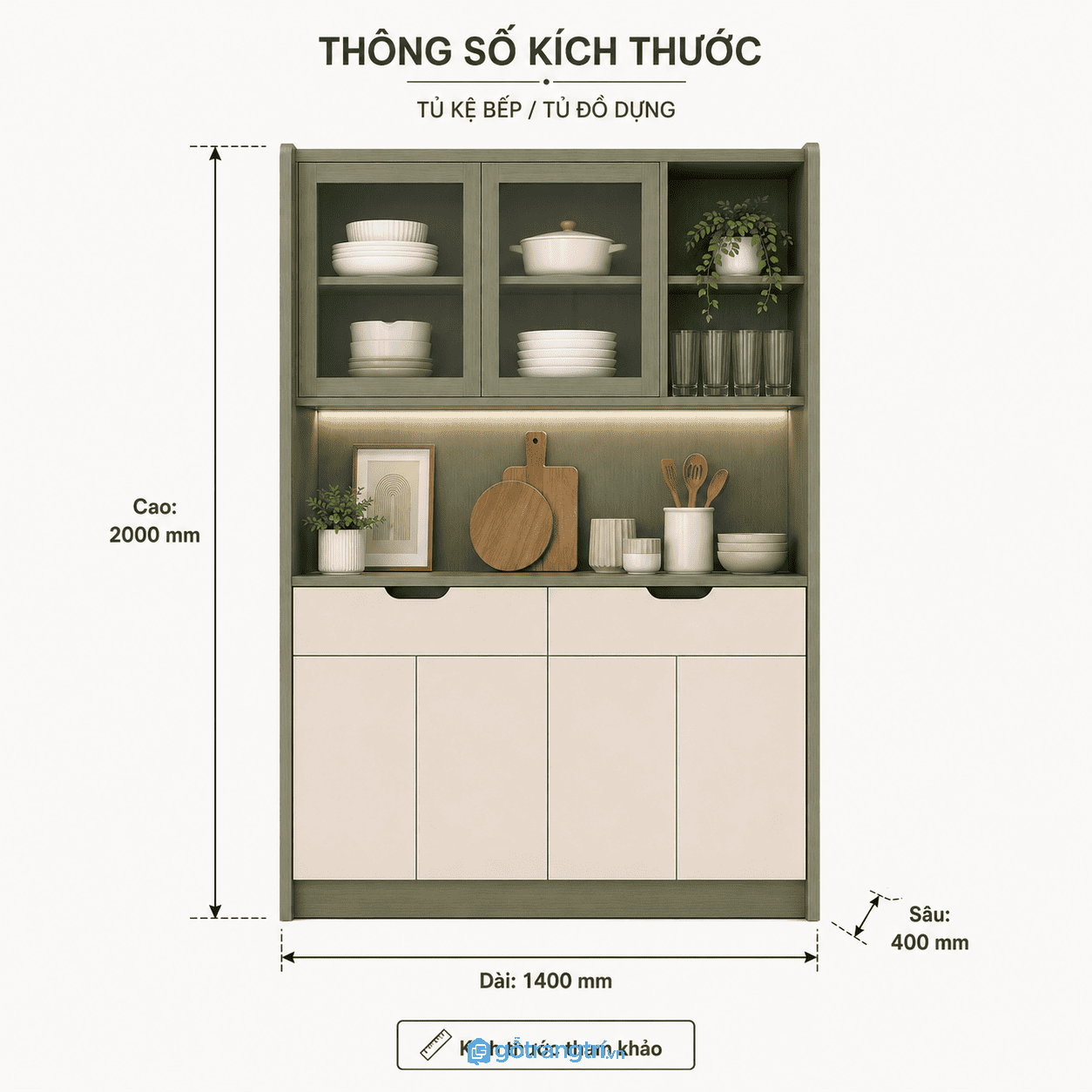 Tủ kệ bếp đa năng có tủ kính giúp lưu trữ gọn gàng và tăng tính thẩm mỹ
