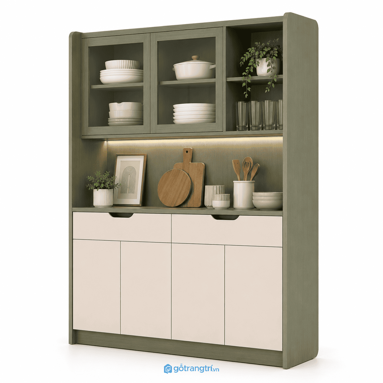 Tủ kệ bếp đa năng có tủ kính hiện đại 140cm GHS-5065