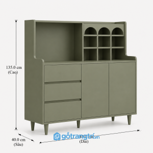 Tủ lưu trữ đa năng màu xanh olive kết hợp kệ trưng bày hiện đại