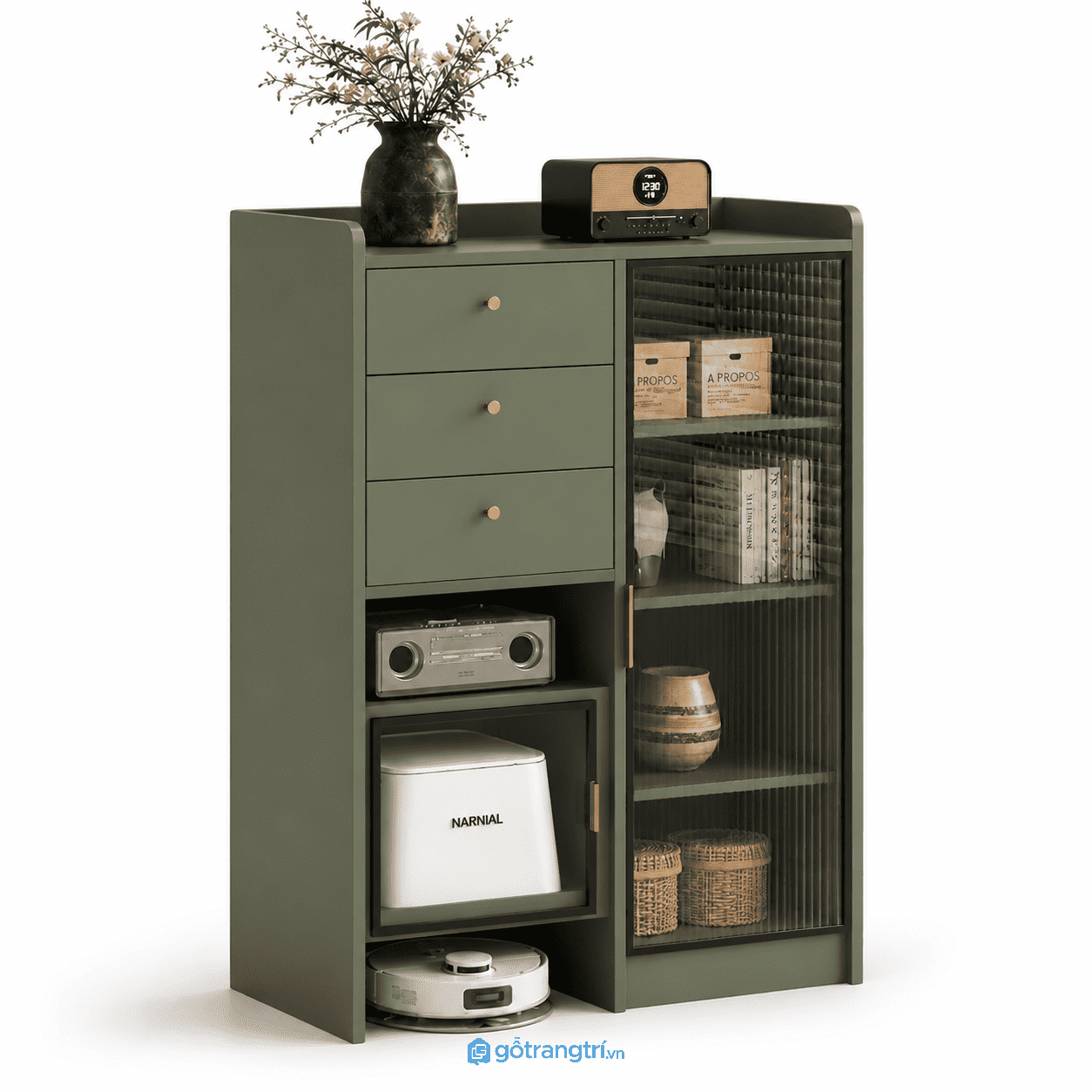 Tủ lưu Tủ lưu trữ cửa kính sọc 80cm đa năng cho nhiều không giantrữ cửa kính sọc 80cm hiện đại GHS-5060 - 800x350x1350mm - Xanh olive