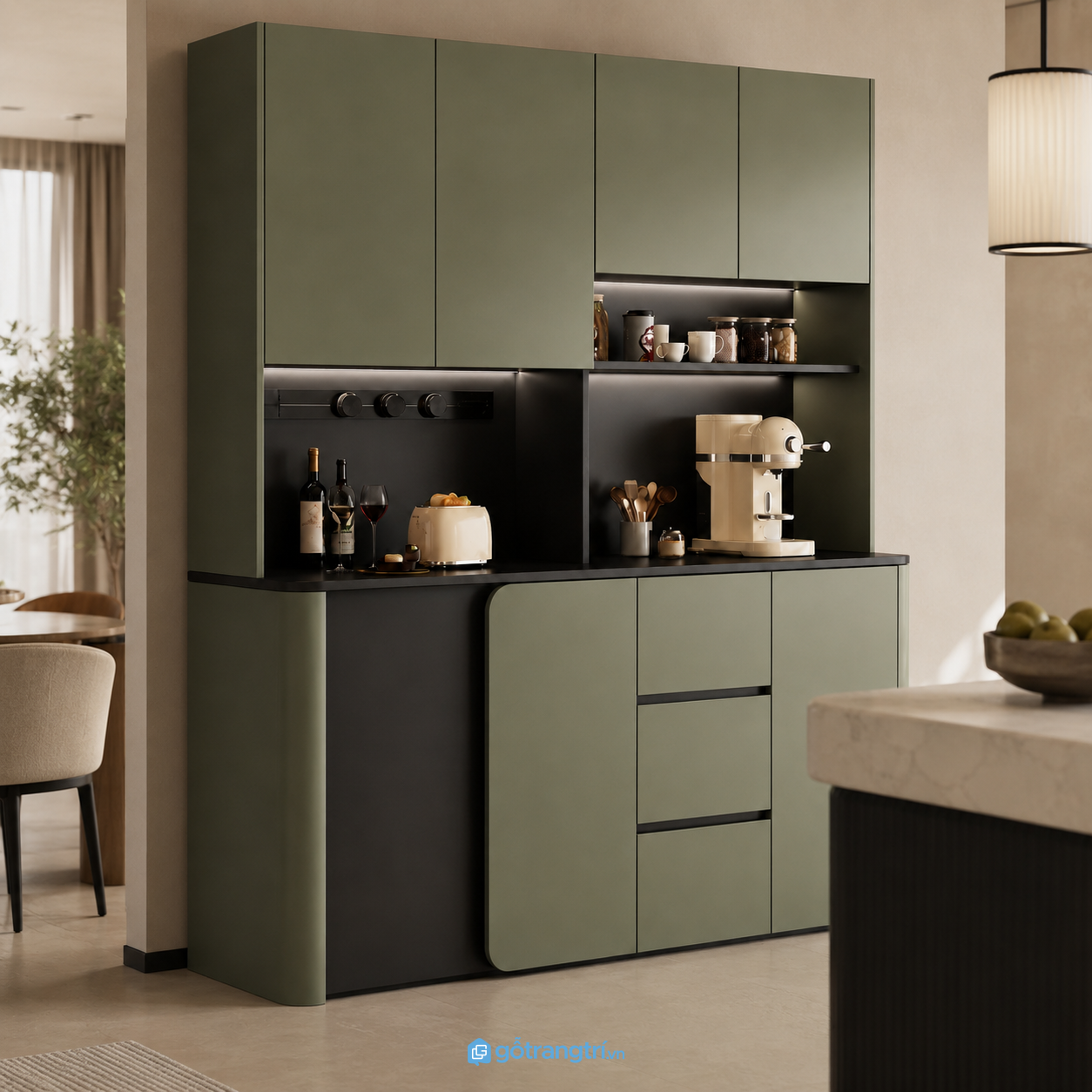 Chi tiết thiết kế Tủ Pantry Bếp Hiện Đại Màu Xanh Olive Kịch Trần GHS-5016