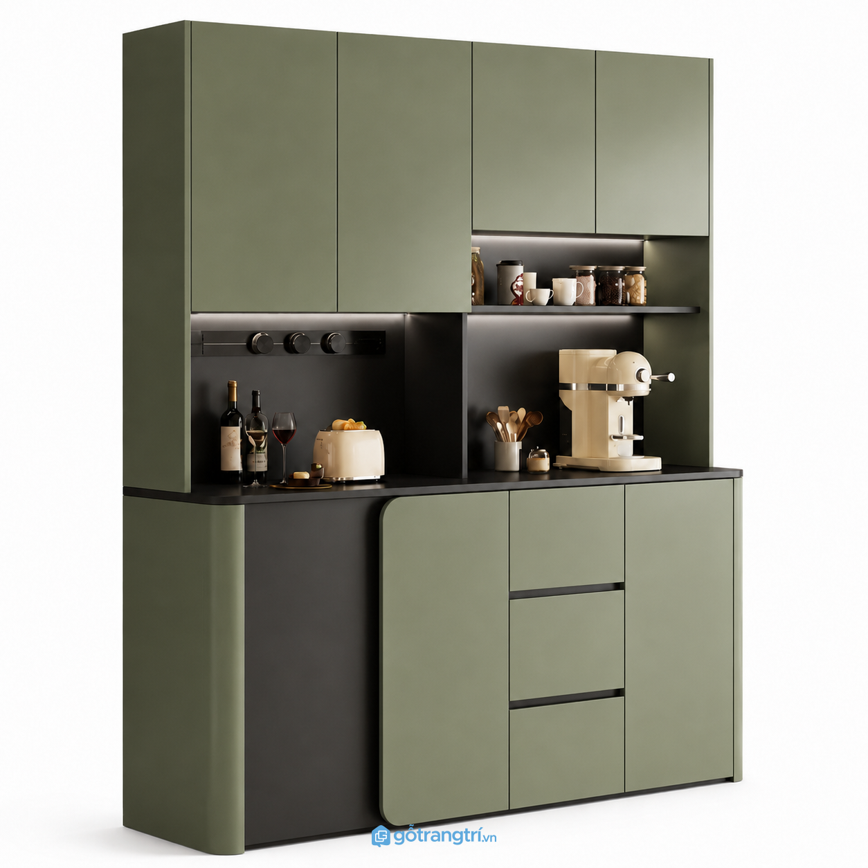 Tủ Pantry Bếp Hiện Đại Màu Xanh Olive Kịch Trần GHS-5016