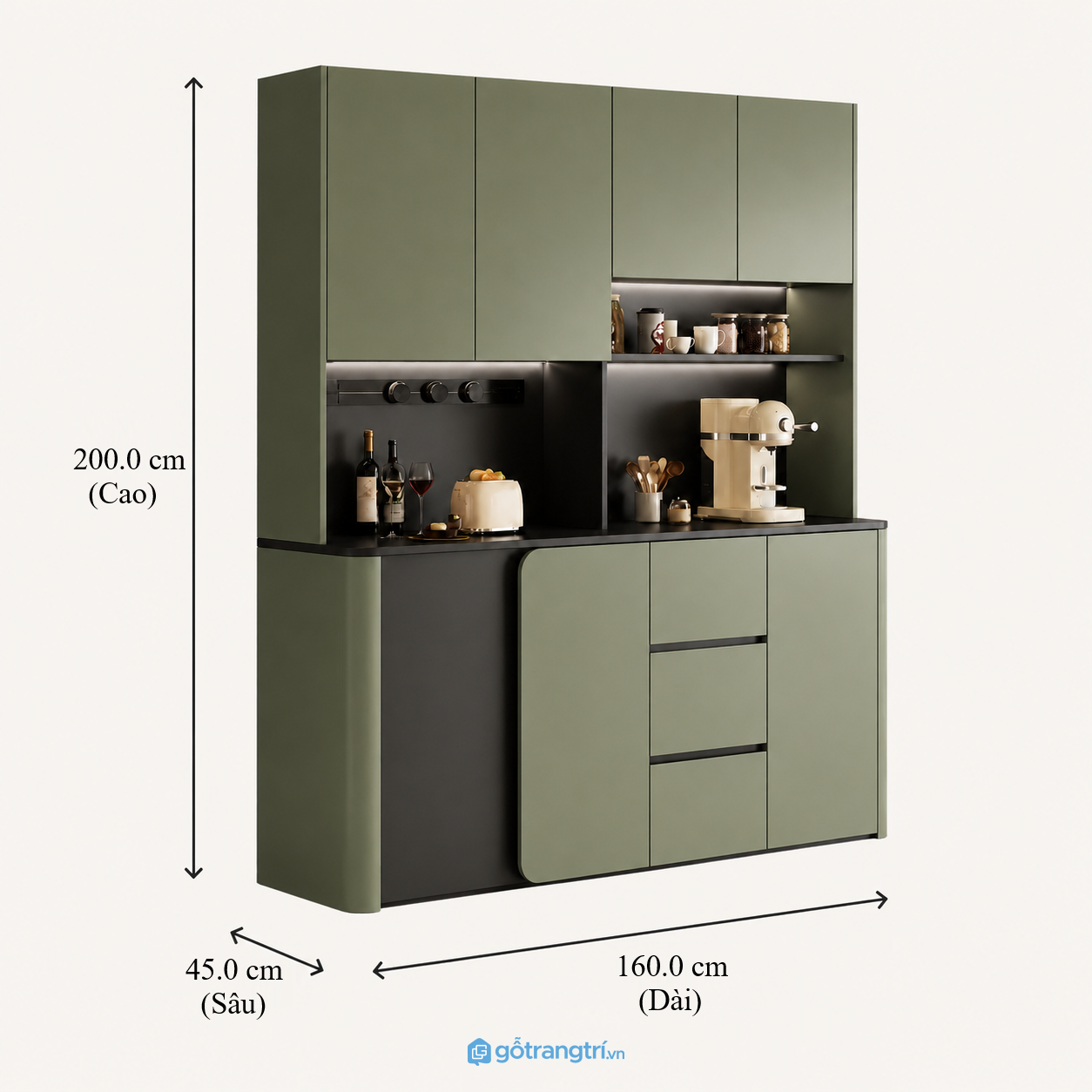 Tủ pantry bếp hiện đại màu xanh olive tối ưu lưu trữ cho không gian sống hiện đại