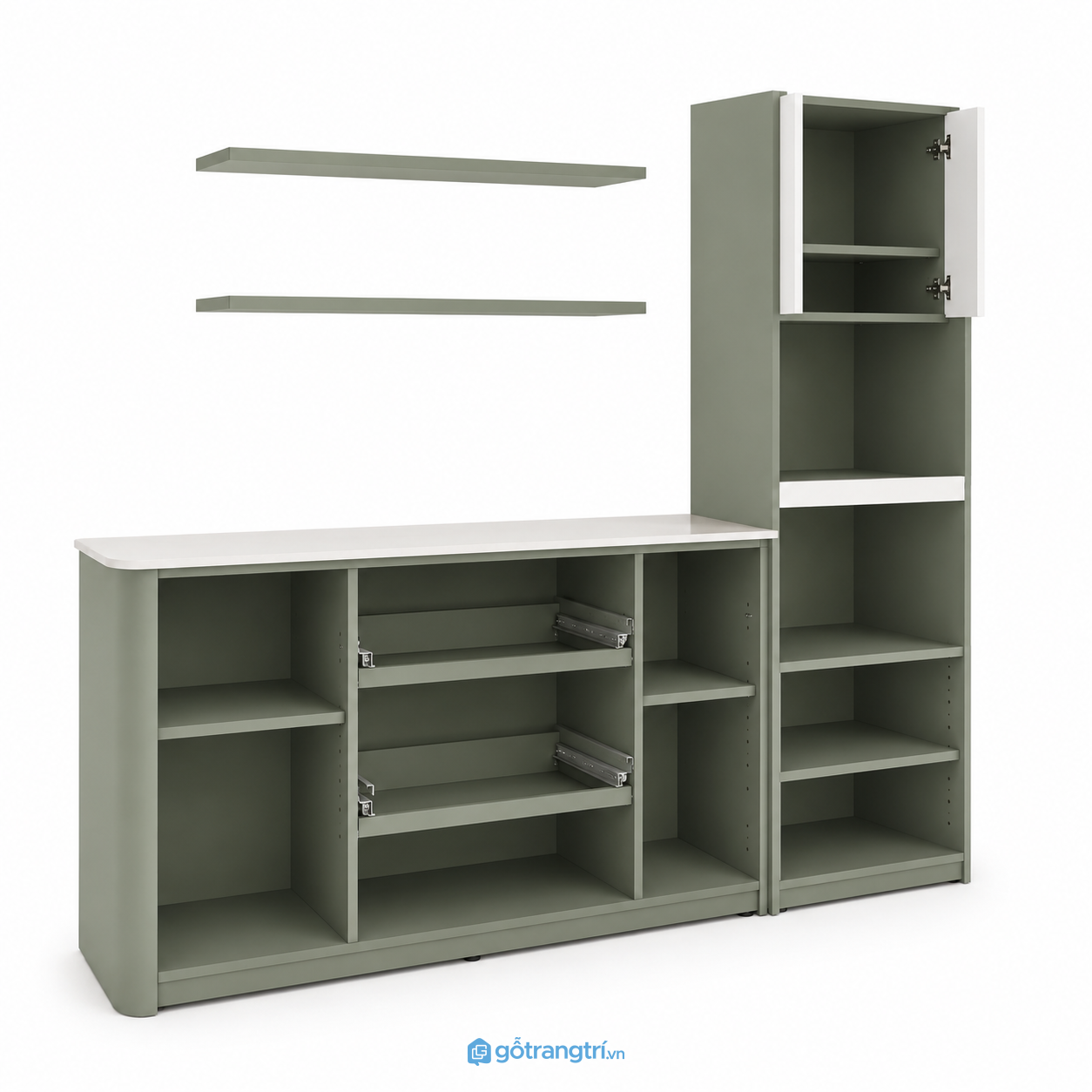 Tủ Pantry Màu Xanh Olive Hiện Đại Kết Hợp Quầy Cà Phê GHS-5027 - hình ảnh thực tế 1 Tủ Pantry Màu Xanh Olive Hiện Đại Kết Hợp Quầy Cà Phê GHS-5027 - hình ảnh thực tế 1