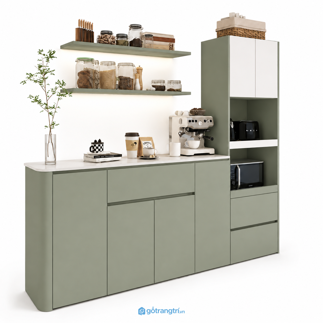 Tủ Pantry Màu Xanh Olive Hiện Đại Kết Hợp Quầy Cà Phê GHS-5027 Tủ Pantry Màu Xanh Olive Hiện Đại Kết Hợp Quầy Cà Phê GHS-5027
