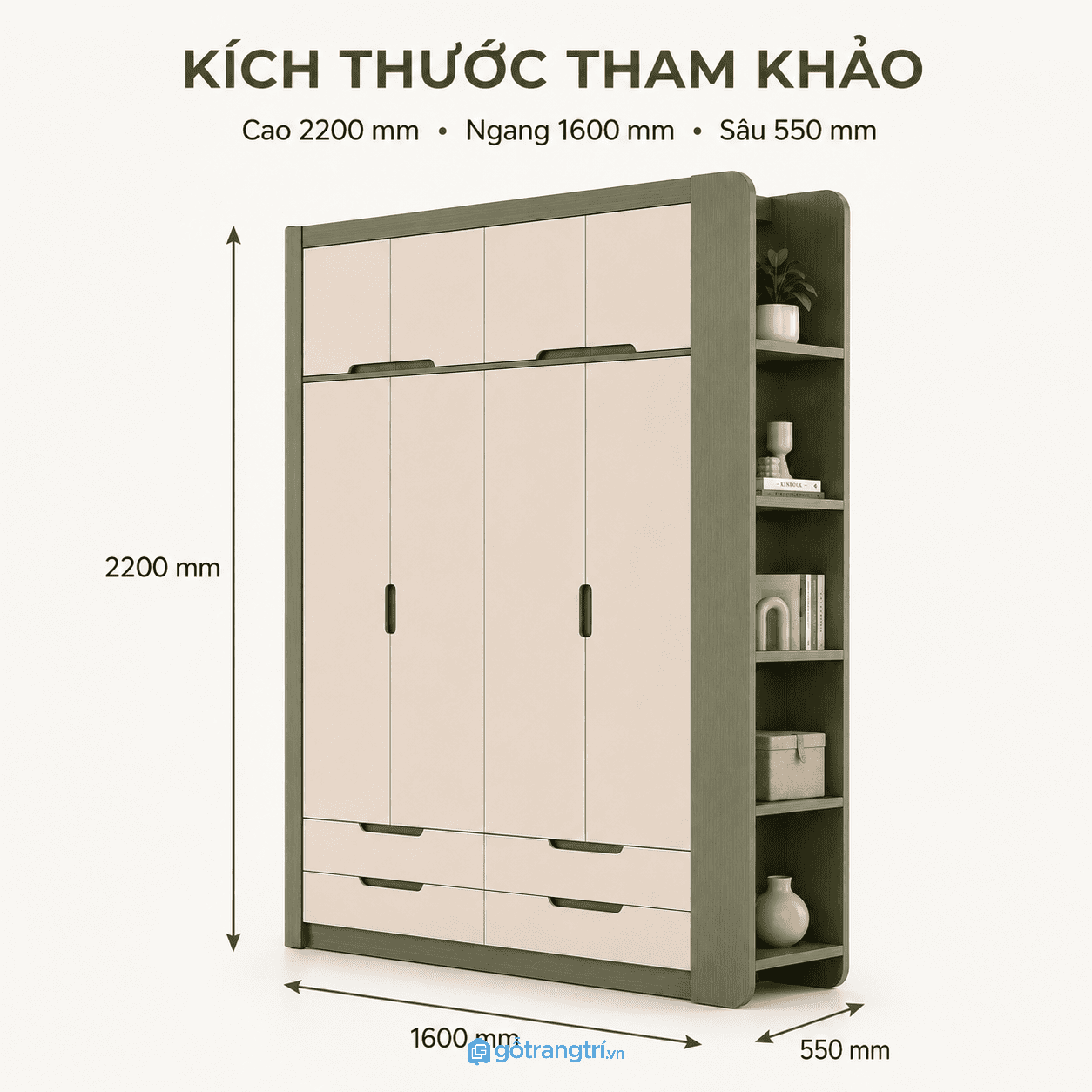 Tủ quần áo 4 cánh có kệ trang trí giúp tối ưu lưu trữ và tăng tính thẩm mỹ