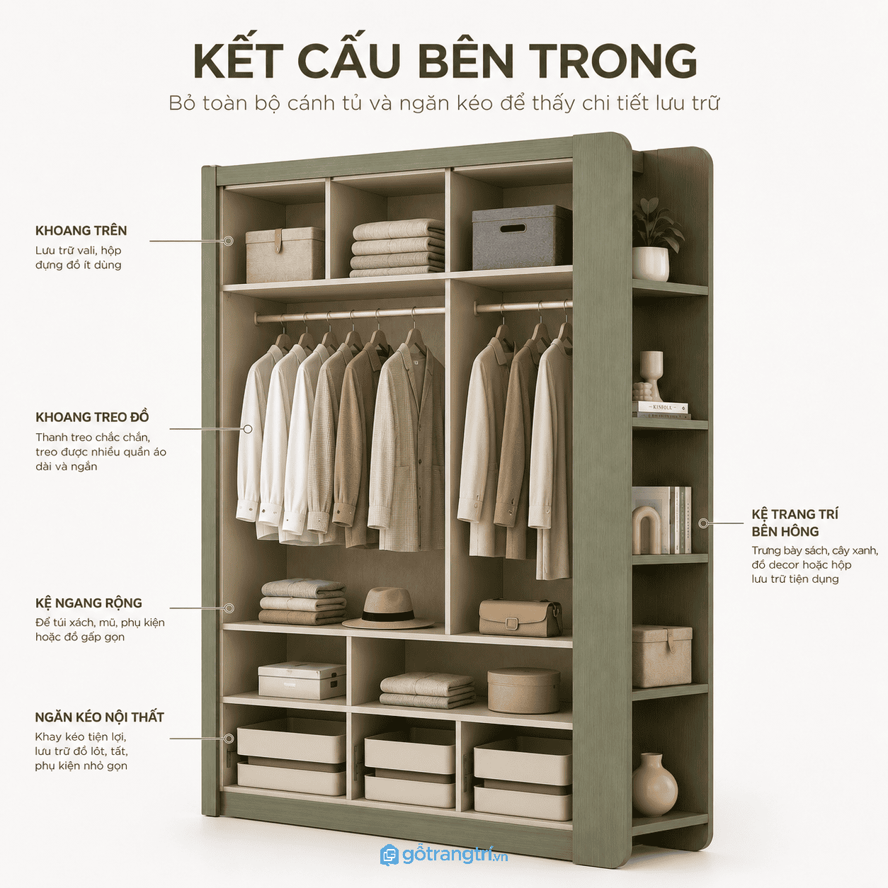 Tủ quần áo 4 cánh có kệ trang trí hiện đại 160cm GHS-5066 - hình ảnh thực tế 1