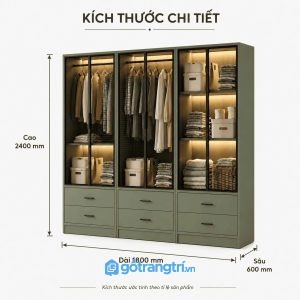 Tủ quần áo cánh kính khung nhôm tích hợp đèn LED cho phòng ngủ hiện đại