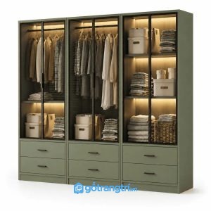 Tủ quần áo cánh kính khung nhôm tích hợp đèn LED GHS-5057 - 2400x600x2000mm - Xanh olive - GHS-5057