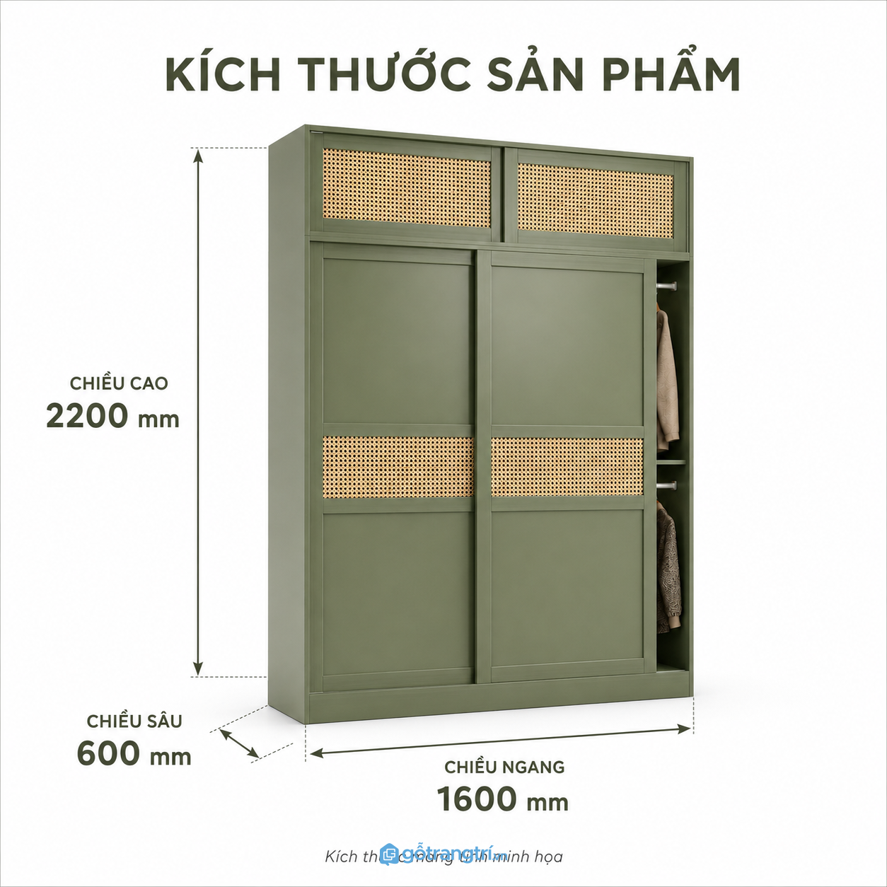 Tủ quần áo cánh lùa mây đan màu xanh olive cho phòng ngủ hiện đại và gọn gàng