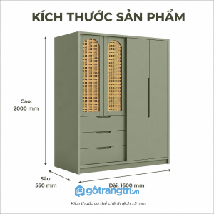 Tủ Quần Áo Cánh Mây Màu Xanh Olive Hiện Đại GHS-5028 - 160x55x200cm - Xanh olive - GHS-5028