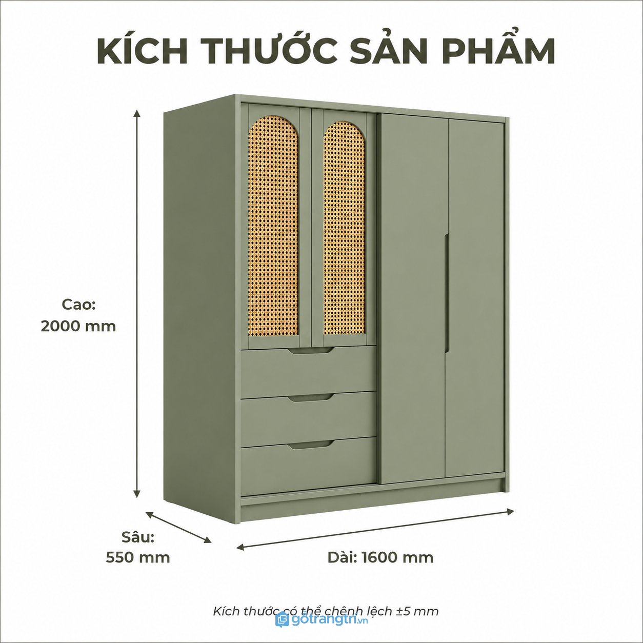 Tủ quần áo cánh mây màu xanh olive kết hợp lưu trữ tiện nghi cho phòng ngủ hiện đại