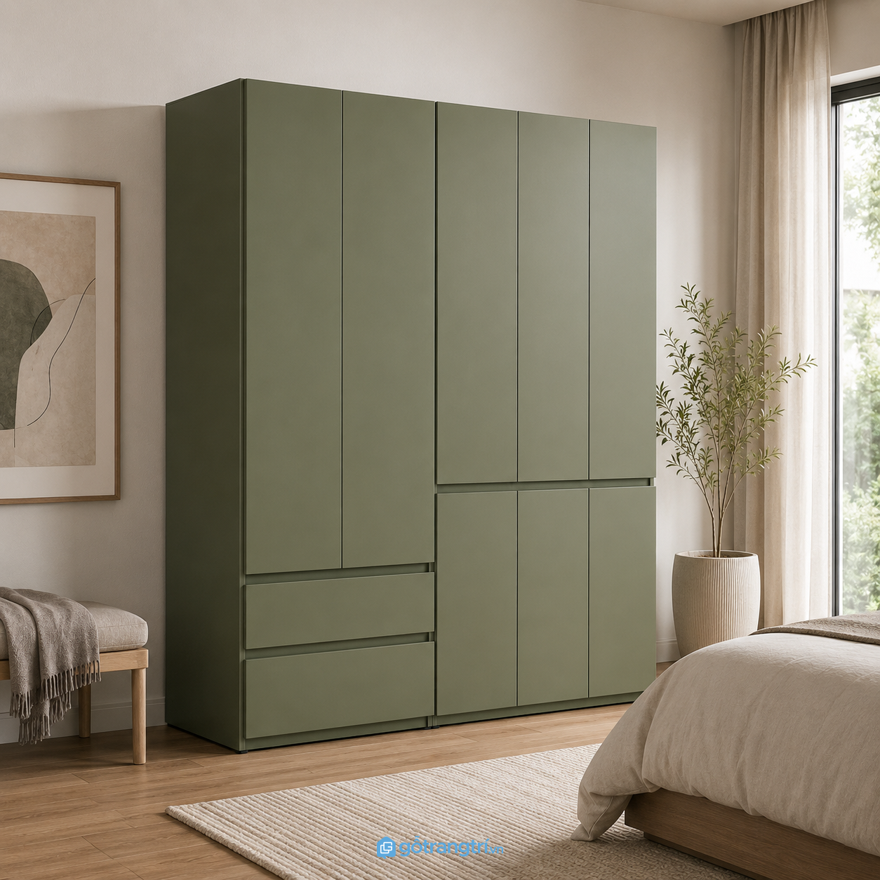 Chi tiết thiết kế Tủ Quần Áo Cánh Phẳng Màu Xanh Rêu Hiện Đại GHS-5017 Chi tiết thiết kế Tủ Quần Áo Cánh Phẳng Màu Xanh Rêu Hiện Đại GHS-5017