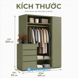 Tủ quần áo cửa lùa màu xanh olive có ngăn kéo cho phòng ngủ hiện đại
