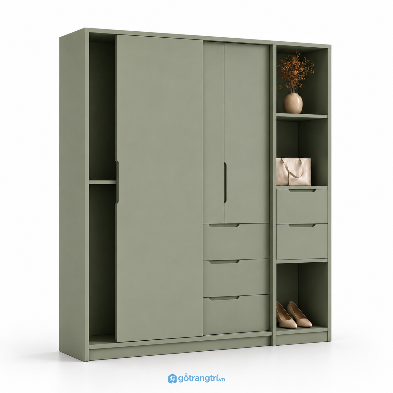 Tủ quần áo cửa lùa màu xanh rêu hiện đại GHS-5041