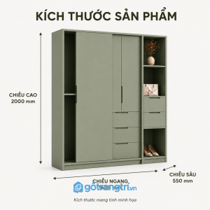Tủ quần áo cửa lùa màu xanh rêu hiện đại tích hợp kệ trang trí tiện dụng