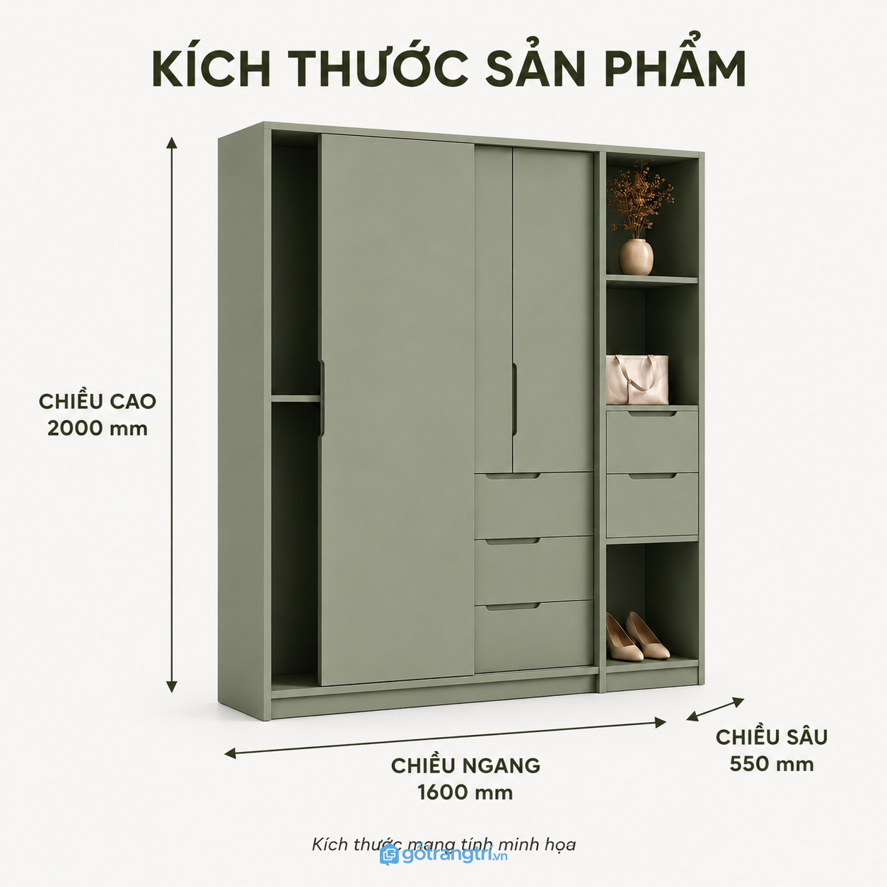 Tủ quần áo cửa lùa màu xanh rêu hiện đại tích hợp kệ trang trí tiện dụng