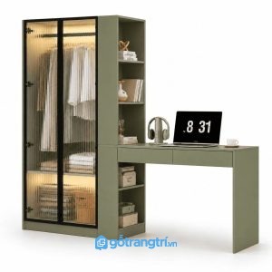 Tủ quần áo liền bàn làm việc cánh kính đèn LED GHS-5058 - 1800x550x2000mm - Xanh olive - GHS-5058