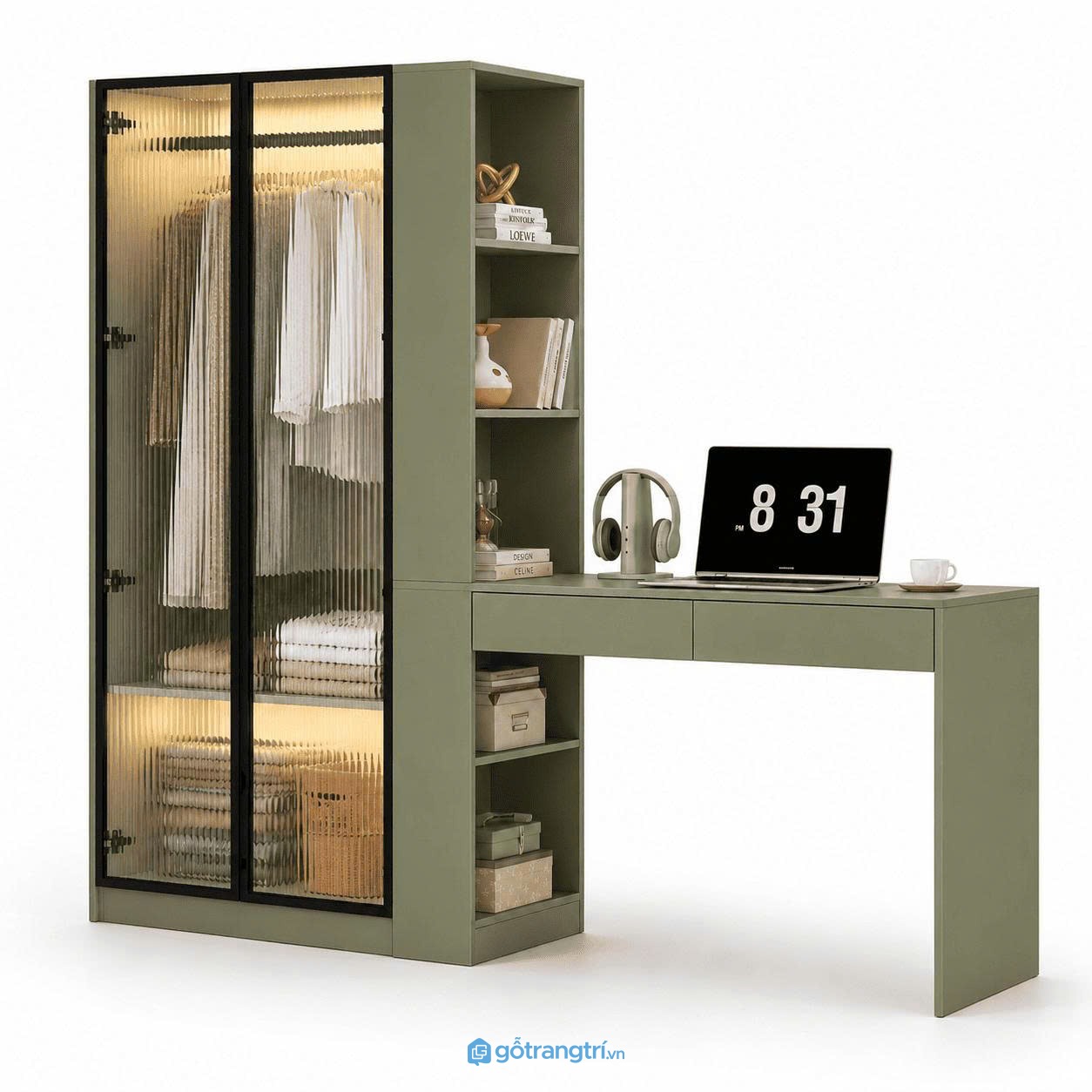 Tủ quần áo liền bàn làm việc cánh kính đèn LED GHS-5058 - 1800x550x2000mm - Xanh olive - GHS-5058