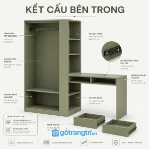 Tủ quần áo liền bàn làm việc cánh kính đèn LED GHS-5058 - hình ảnh thực tế 1