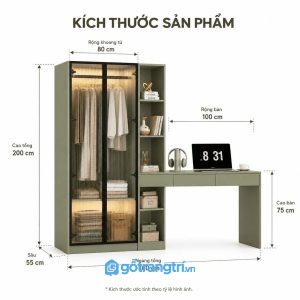 Tủ quần áo liền bàn làm việc cánh kính đèn LED tối ưu không gian sống hiện đại