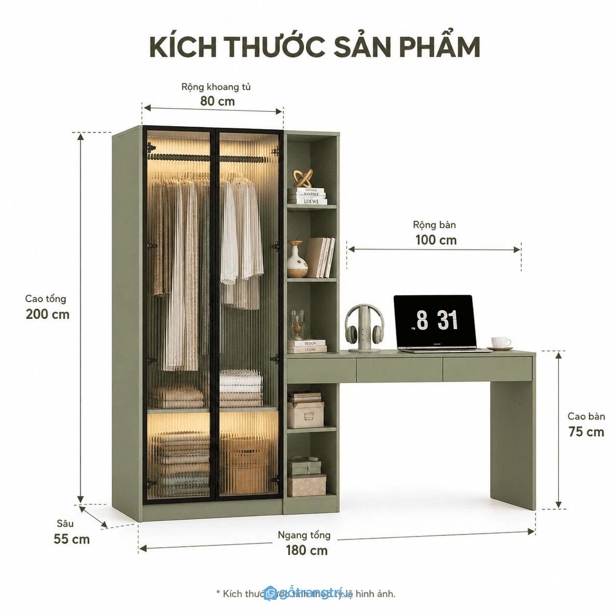 Tủ quần áo liền bàn làm việc cánh kính đèn LED tối ưu không gian sống hiện đại