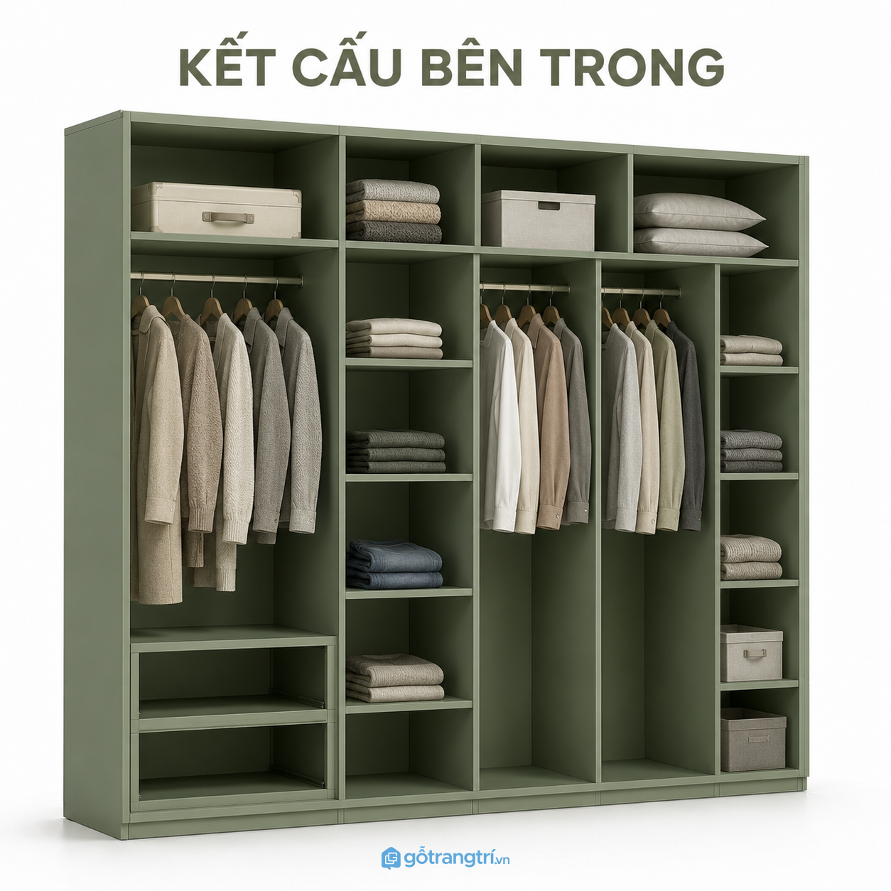 Tủ quần áo màu xanh olive cánh bo góc hiện đại cho phòng ngủ sang trọng