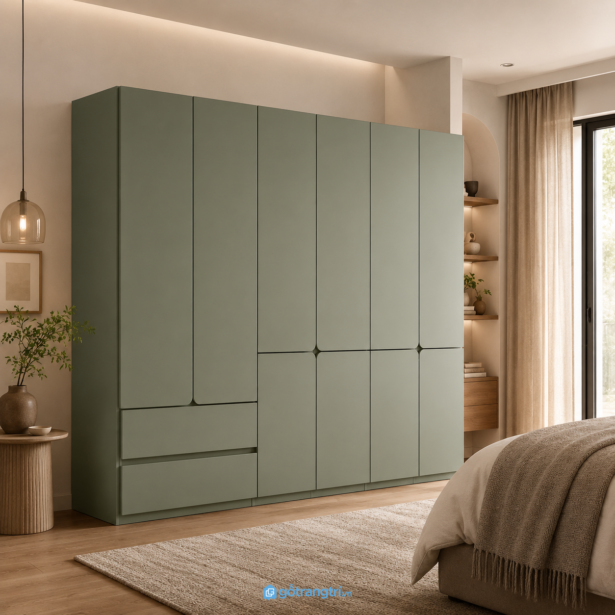 Chi tiết thiết kế Tủ Quần Áo Màu Xanh Olive Cánh Bo Góc Hiện Đại GHS-5019