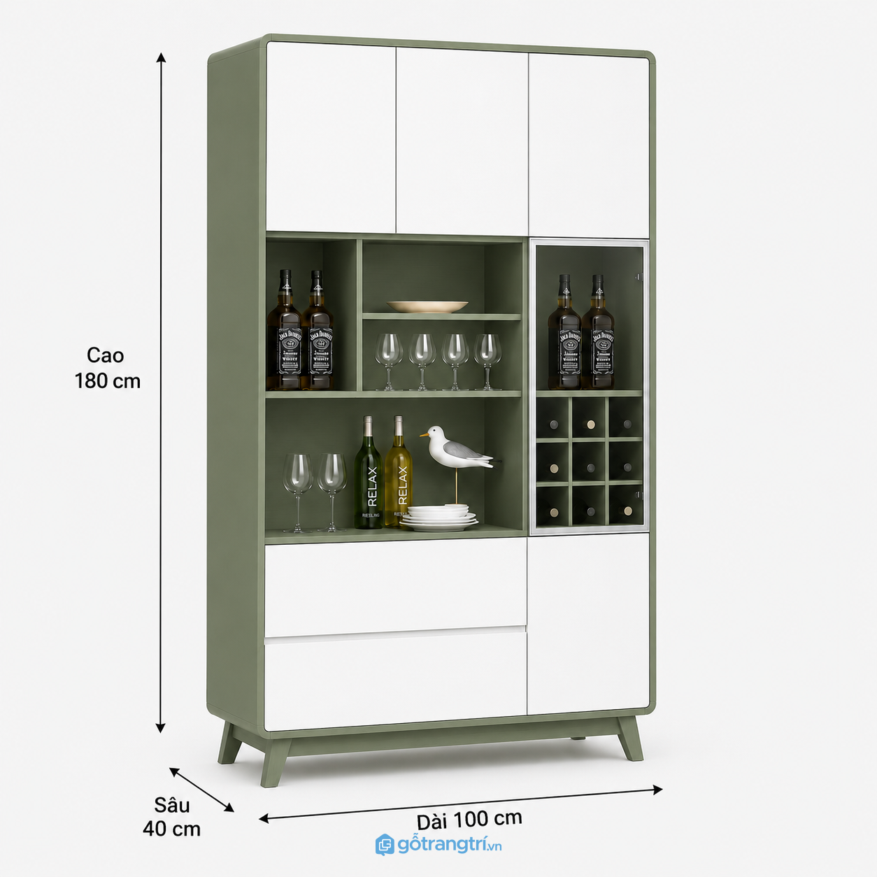 Tủ rượu phòng khách hiện đại có ngăn ly và cánh kính