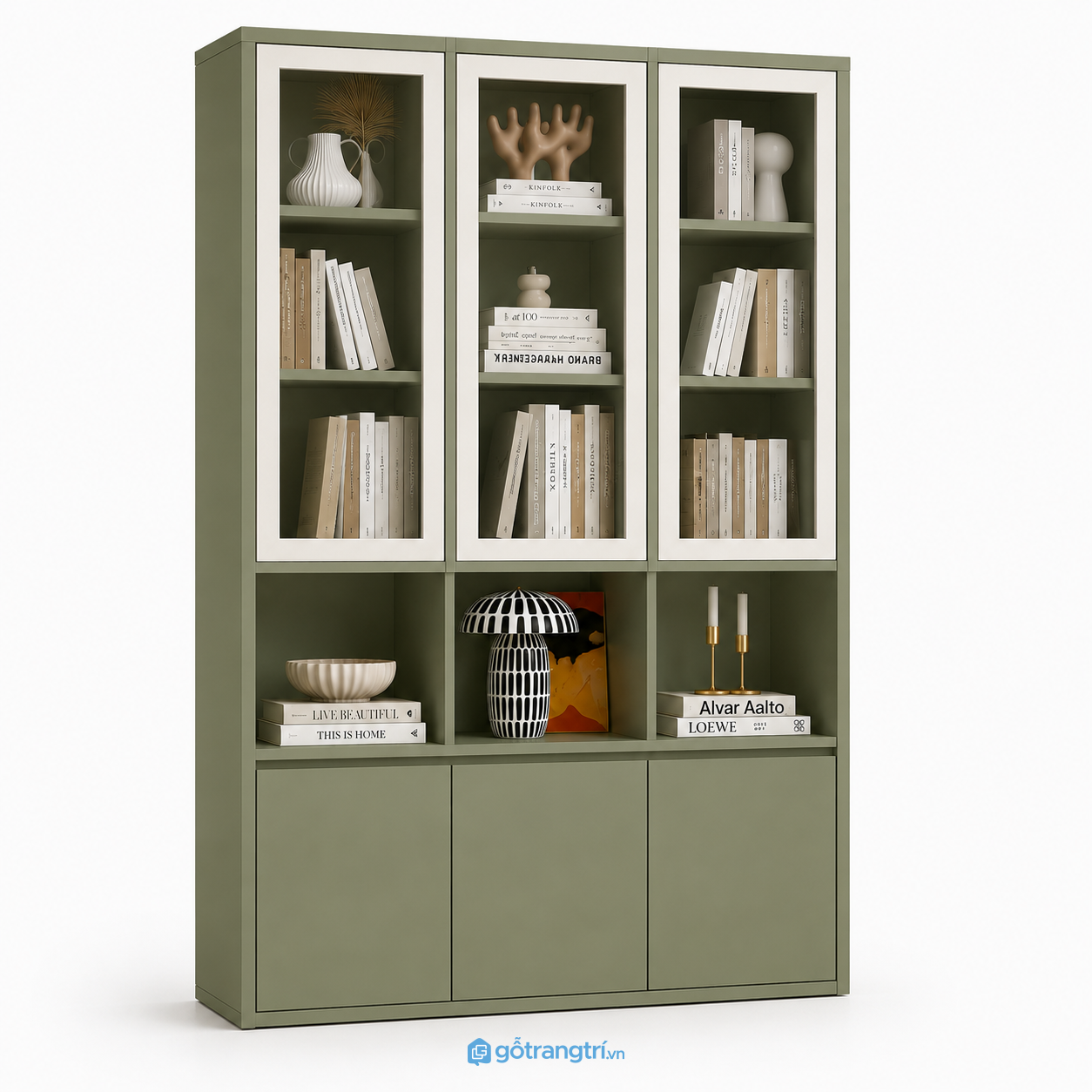 Tủ sách cánh kính màu xanh olive hiện đại GHS-5037 - 200x35x120cm - Xanh olive - GHS-5037 Tủ sách cánh kính màu xanh olive hiện đại GHS-5037 - 200x35x120cm - Xanh olive - GHS-5037