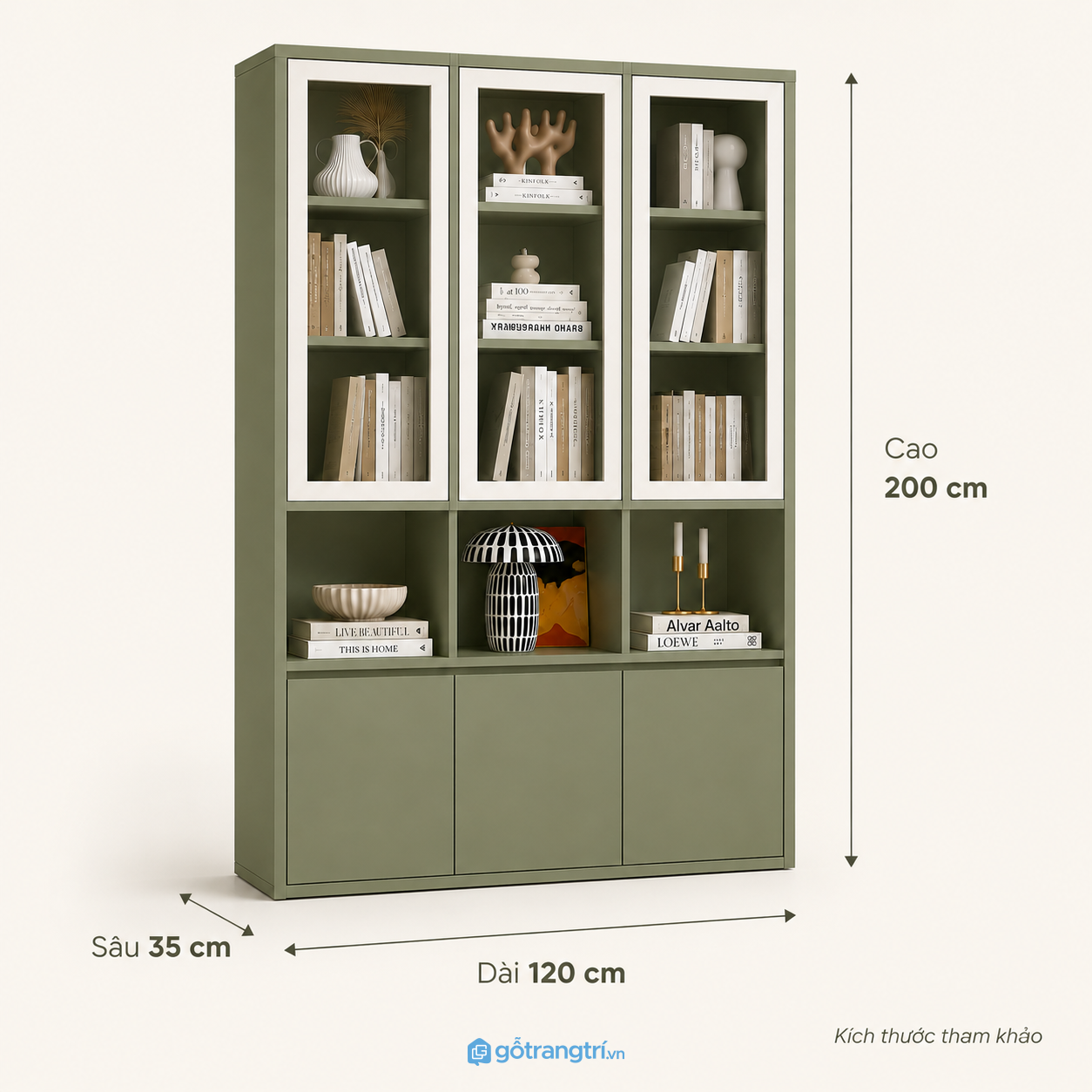 Tủ sách cánh kính màu xanh olive kết hợp lưu trữ và trưng bày sang trọng Tủ sách cánh kính màu xanh olive kết hợp lưu trữ và trưng bày sang trọng