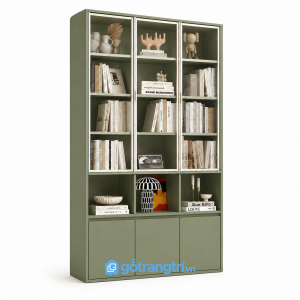 Tủ sách màu xanh olive cánh kính hiện đại cho không gian sống gọn gàng và thẩm mỹ