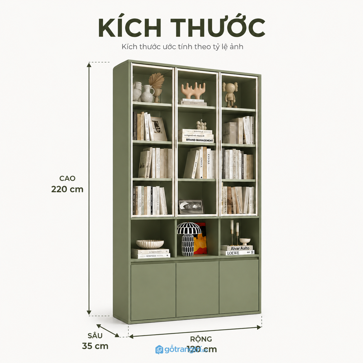 Tủ Sách Màu Xanh Olive Cánh Kính Hiện Đại GHS-5012 - 220x35x120cm - Xanh olive - GHS-5012