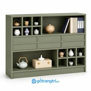 Tủ trà đạo nhiều ngăn lưu trữ phong cách tối giản GHS-5048 - 1600x350x1200mm - Xanh olive - GHS-5048