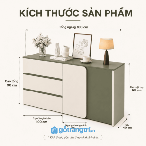 Tủ trang trí xanh olive cánh bo cong cho không gian sống gọn gàng, tinh tế